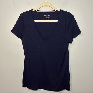 Lilly Pulitzer 100% Pima Cotton Navy Blue V-Neck Short Sleeve T-Shirt Size Small